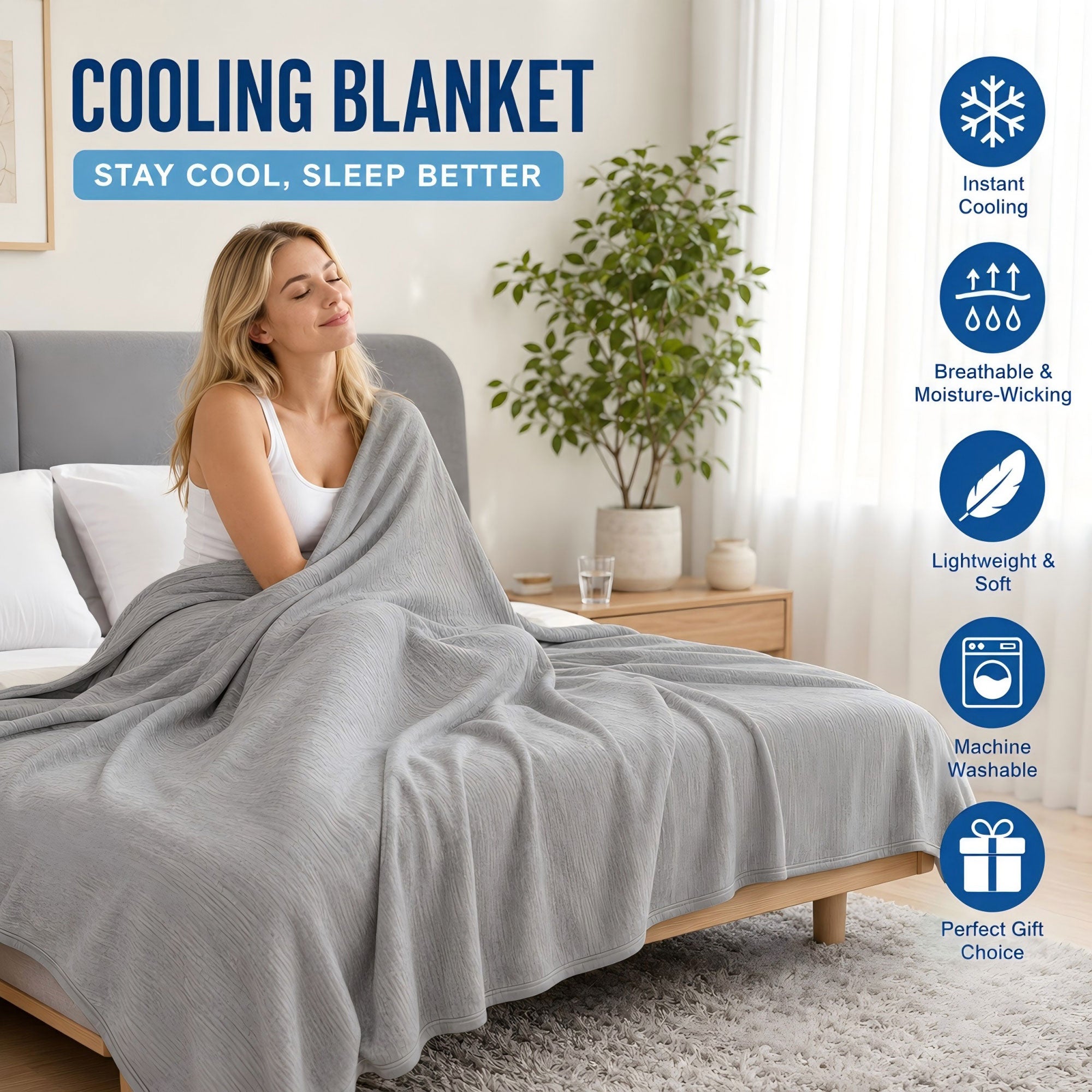 Cooling Blanket 60''x80''，Cold Blanket for Hot Sleepers,Lightweight Breathable, Instant Cool Fabric,Thin Summer Cooling Blanket for Couch, Bed & Travel,Portable with Drawstring Bag，Gray