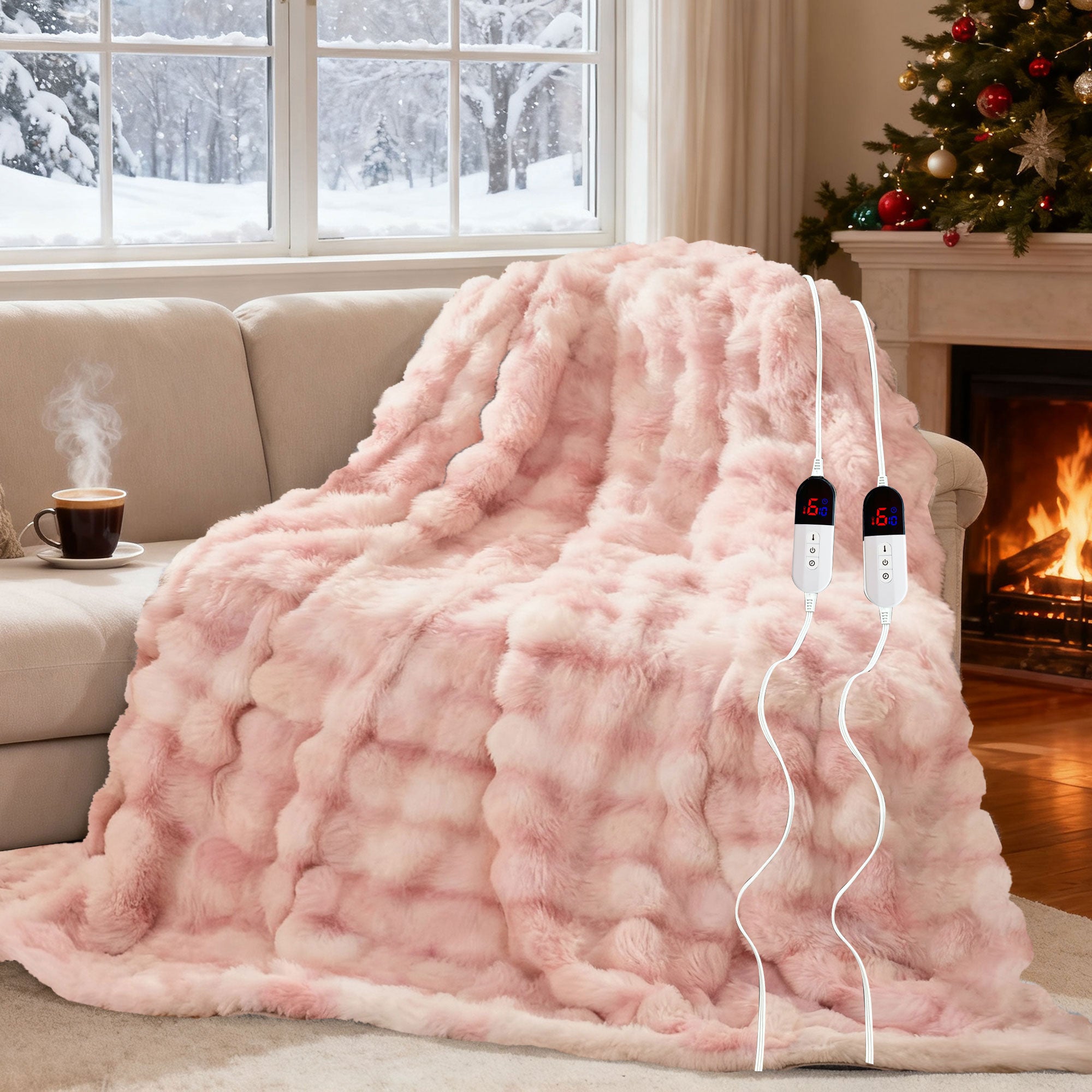 AEPINBH Heated Blanket Throw with 6 Fast Heating Levels,4 Hours Auto-Off,50x60 Cozy Faux Rabbit Fur Bubble Washable Electric Blanket with Overheating Protection,ETL Certification（PINK Cream）