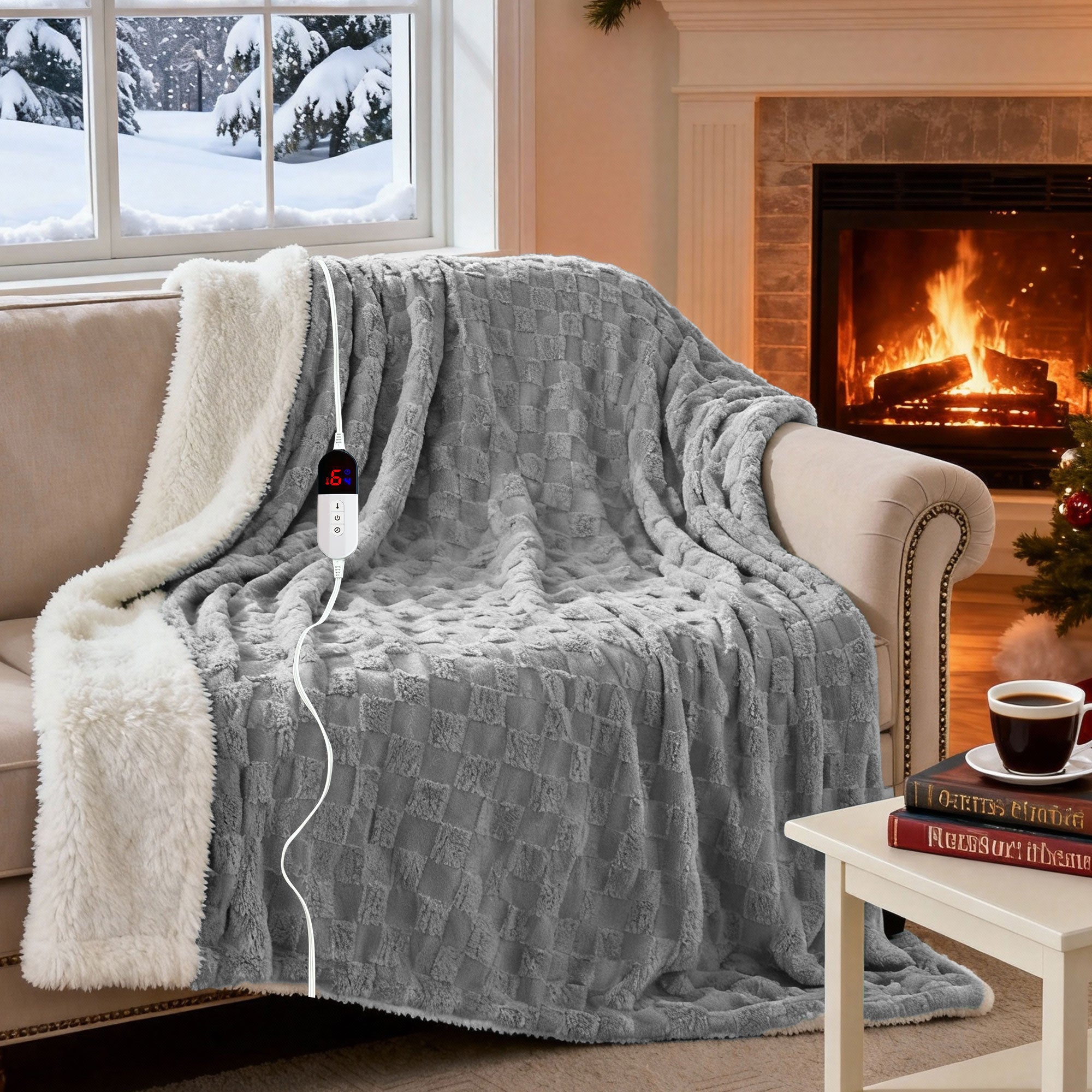AEPINBH Electric Blanket Throw - Soft Checked Flannel with 6 Heating Levels, 4 Hours Auto-Off, Fast Heating, ETL & FCC Certified, 50"x60", Overheating Protection, Cozy Heated Blanket Throw（Gray）