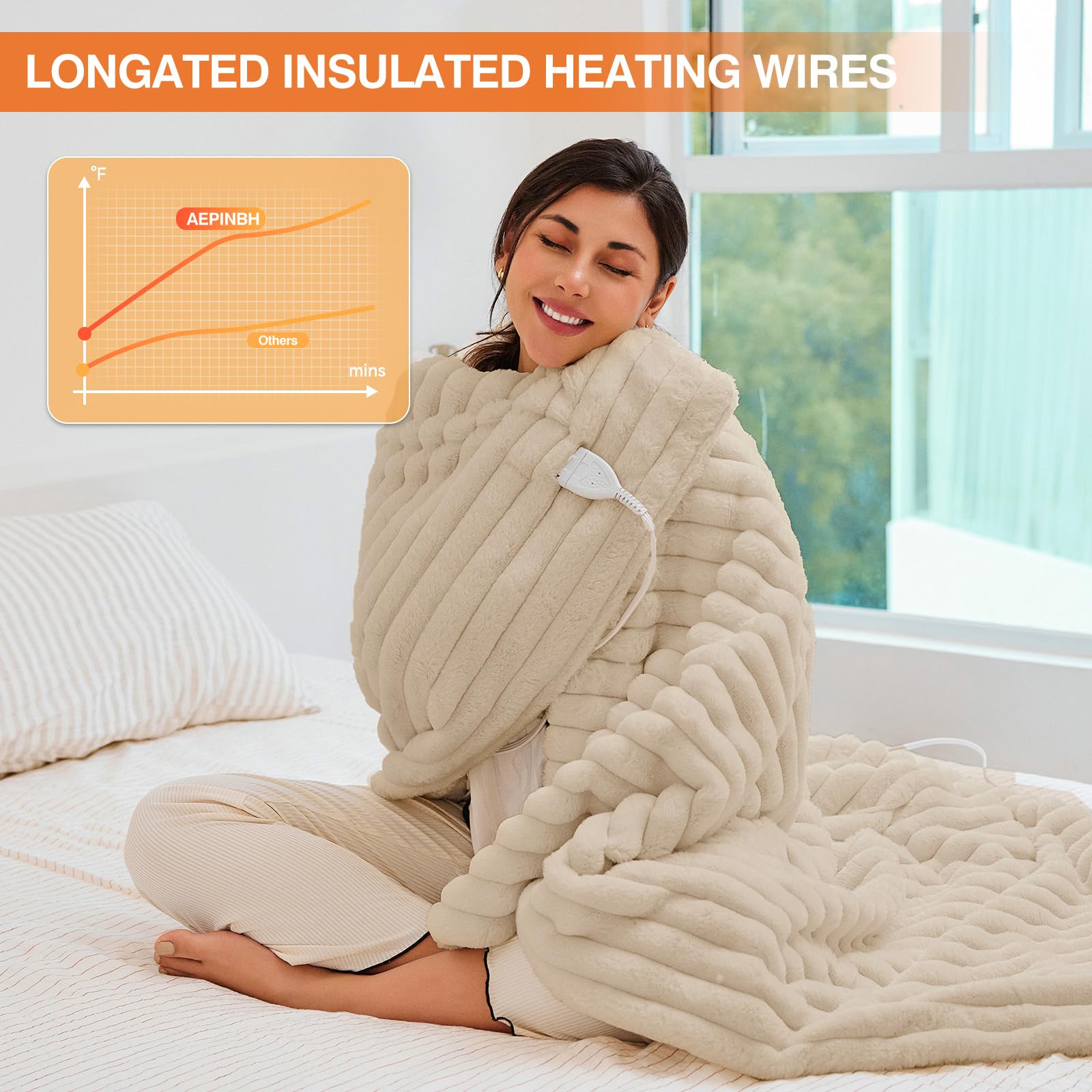 AEPINBH Stripe Faux Rabbit Fur Electric Heated Blanket