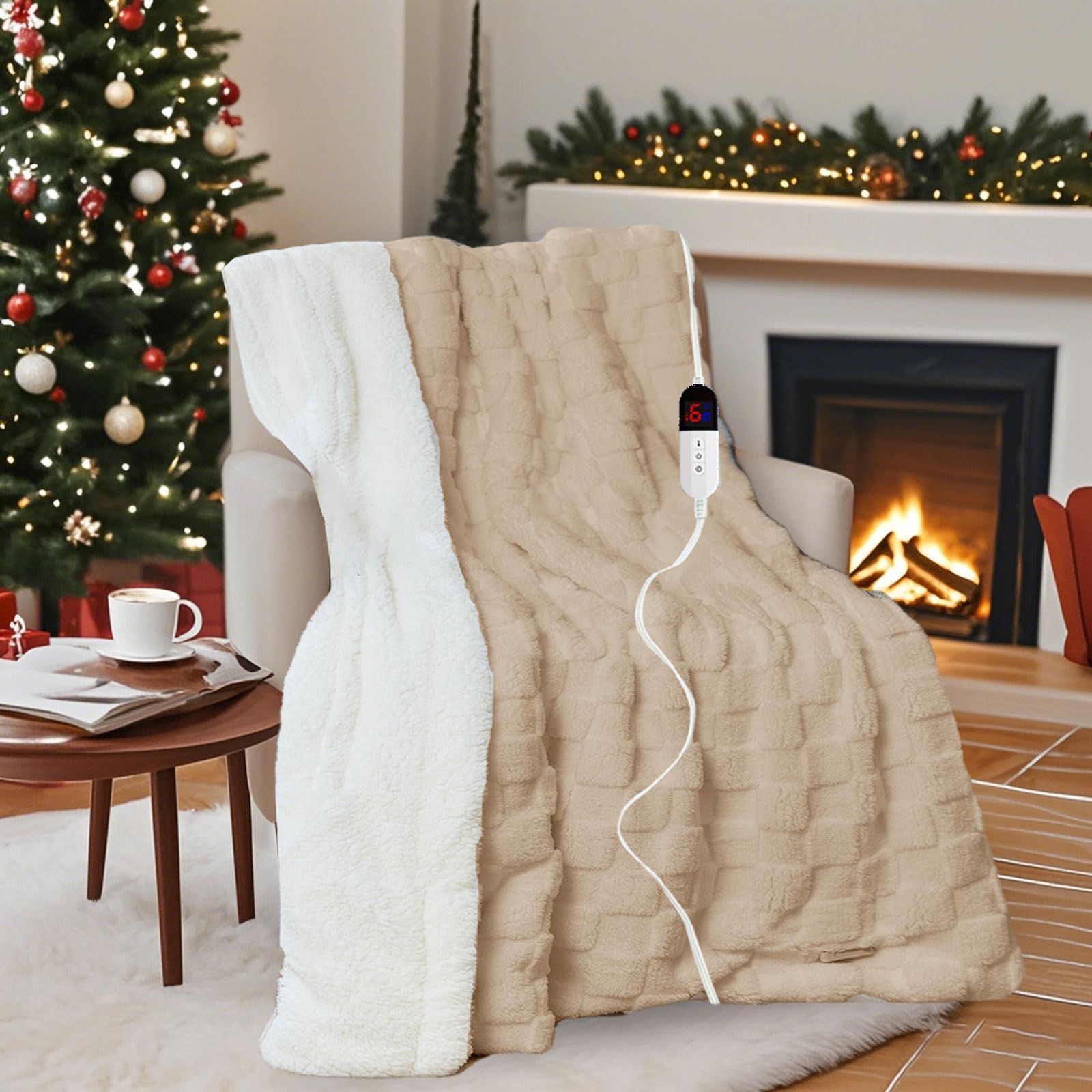 AEPINBH Soft Checked Flannel Electric Heated Blanket - Khaki - 90"X100"