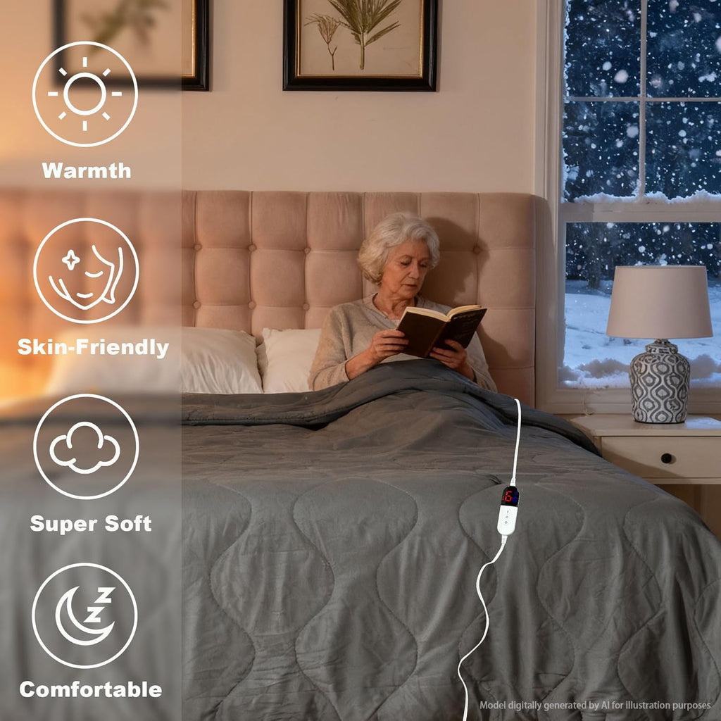 AEPINBH Electric Heated Blanket with Dual Controls, 10 Time Settings & 6 Heat Settings