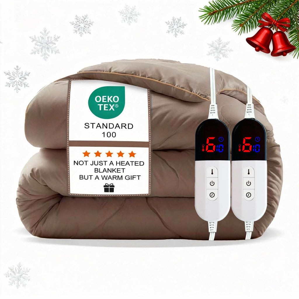 AEPINBH Electric Heated Blanket with Dual Controls, 10 Time Settings & 6 Heat Settings - Khaki - King 90" x 104"