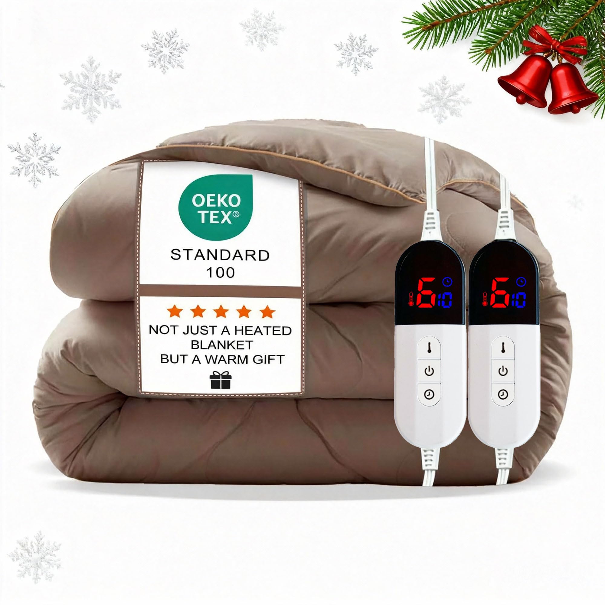 AEPINBH Electric Heated Blanket with Dual Controls, 10 Time Settings & 6 Heat Settings - Khaki - King 90" x 104"