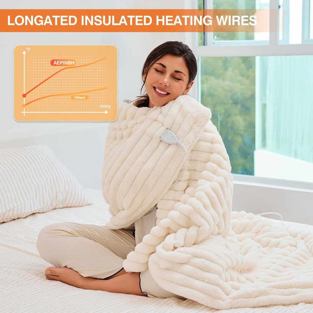 AEPINBH Stripe Faux Rabbit Fur Electric Heated Blanket