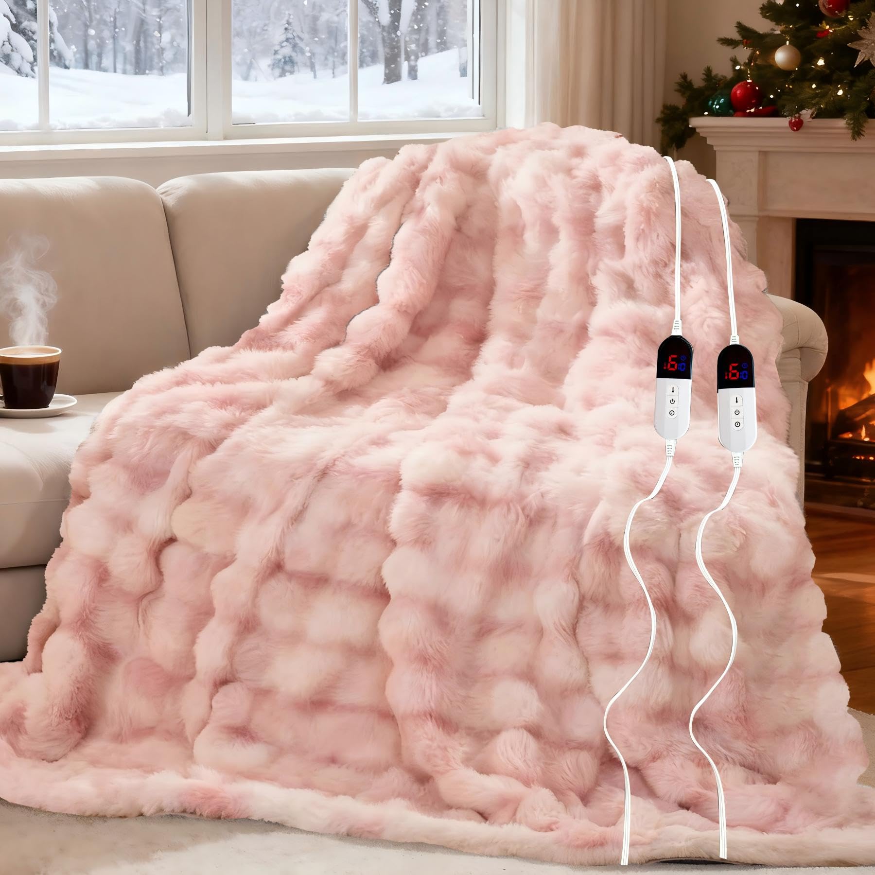 AEPINBH Soft Faux Rabbit Fur Bubble Electric Heated Blanket - PINK WHITE - 84"X90"