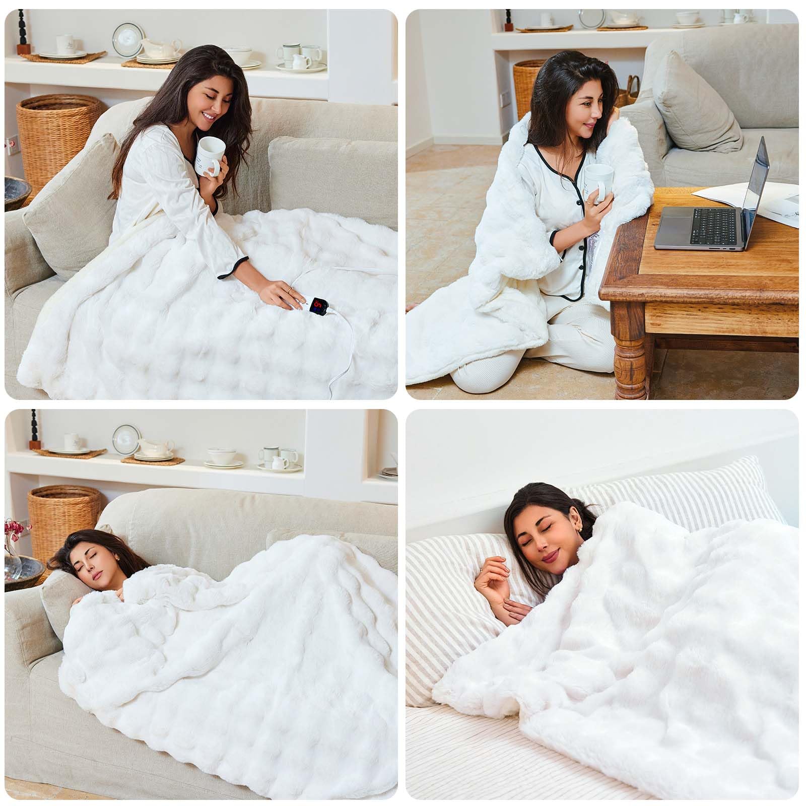 AEPINBH Soft Faux Rabbit Fur Bubble Electric Heated Blanket