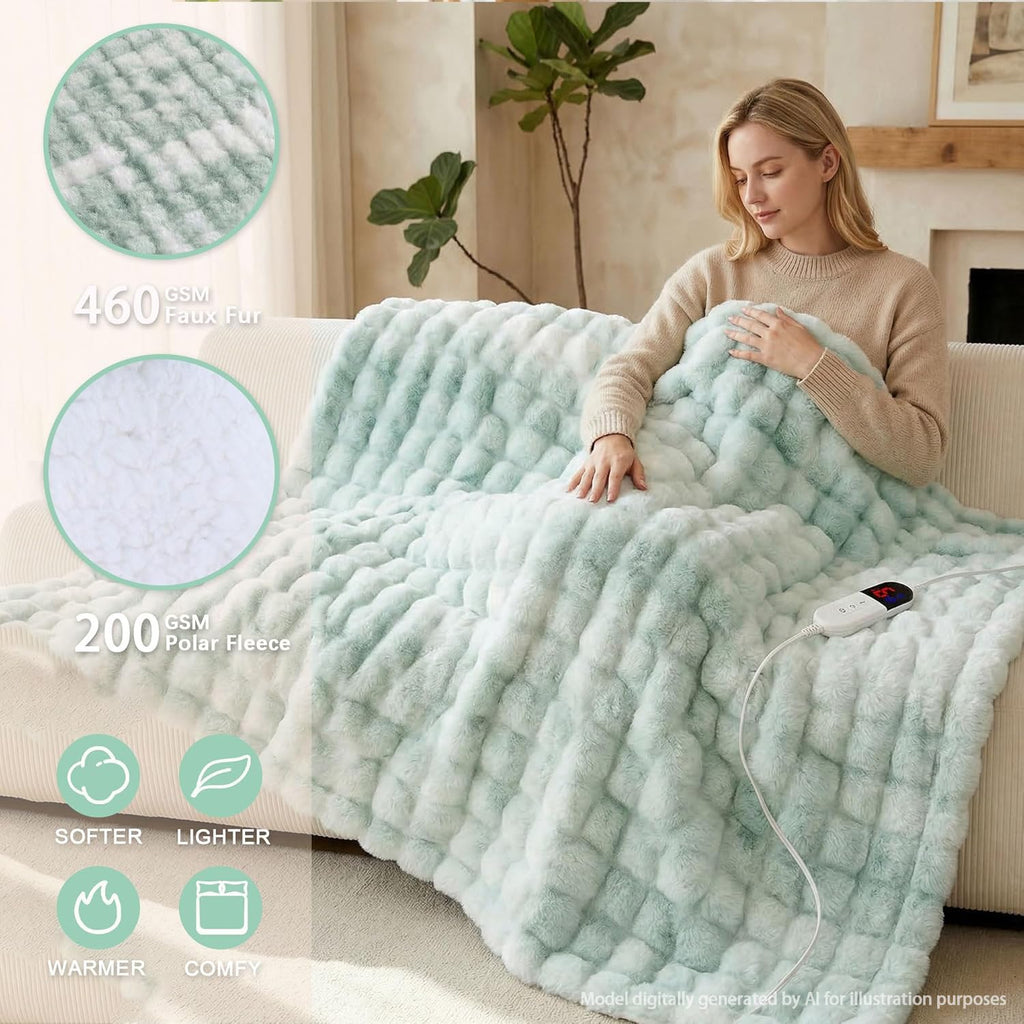 AEPINBH Soft Faux Rabbit Fur Bubble Electric Heated Blanket