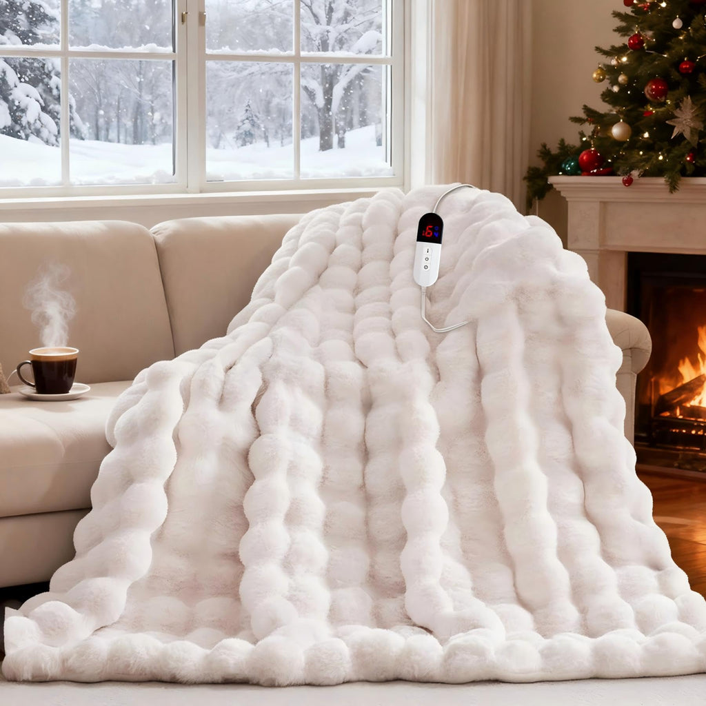 AEPINBH Soft Faux Rabbit Fur Bubble Electric Heated Blanket - Cream - 50"X60"
