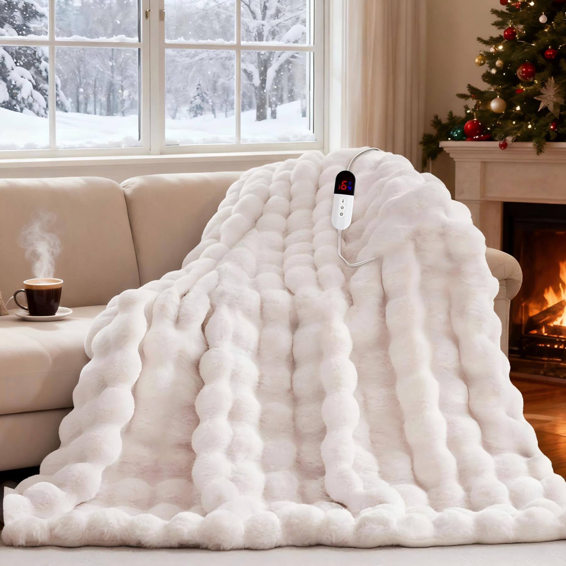 AEPINBH Soft Faux Rabbit Fur Bubble Electric Heated Blanket - Cream - 50"X60"
