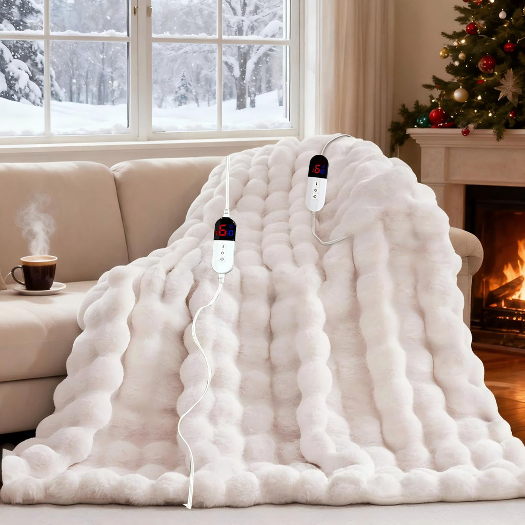 AEPINBH Soft Faux Rabbit Fur Bubble Electric Heated Blanket - Cream - 84"X90"
