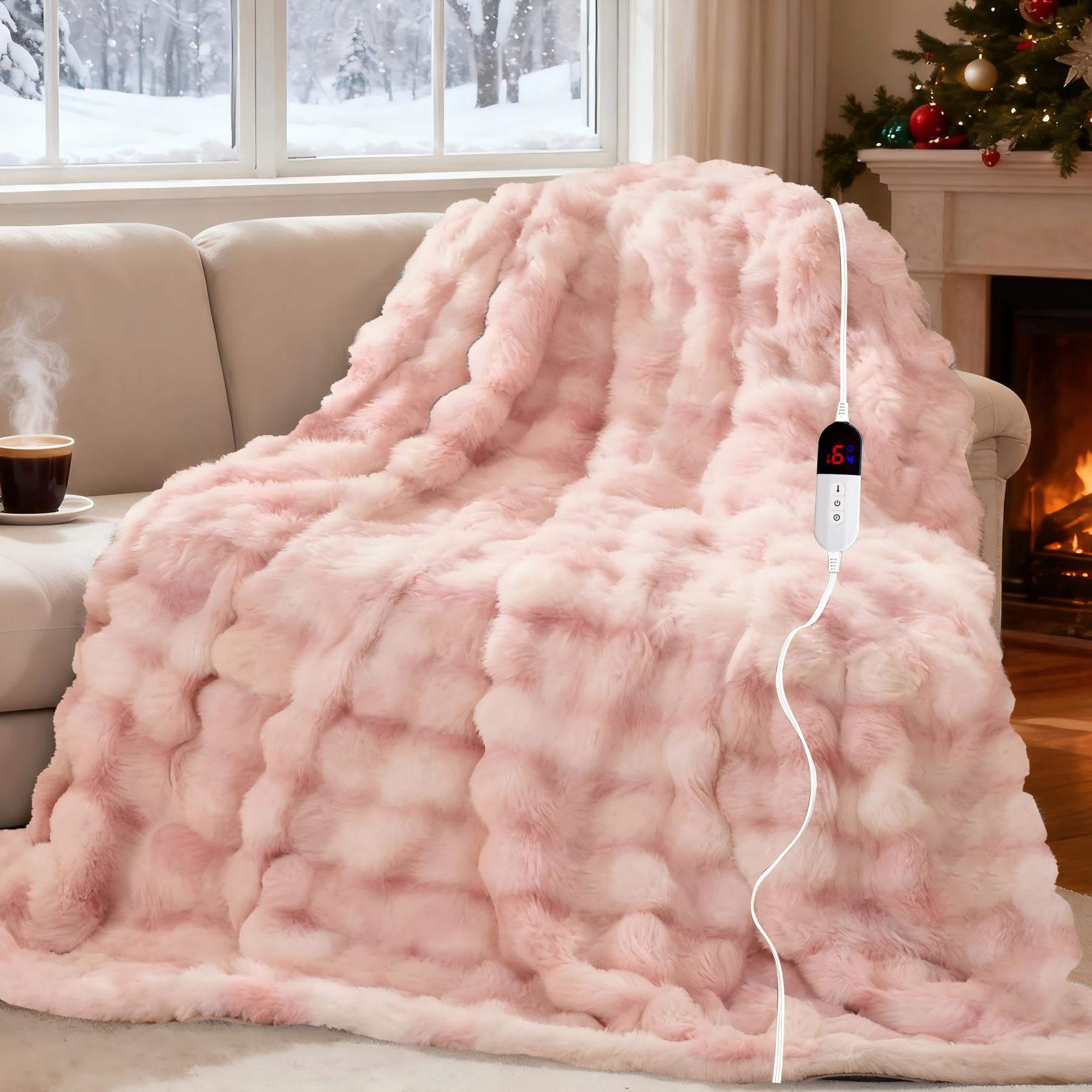 AEPINBH Soft Faux Rabbit Fur Bubble Electric Heated Blanket - PINK WHITE - 50"X60"
