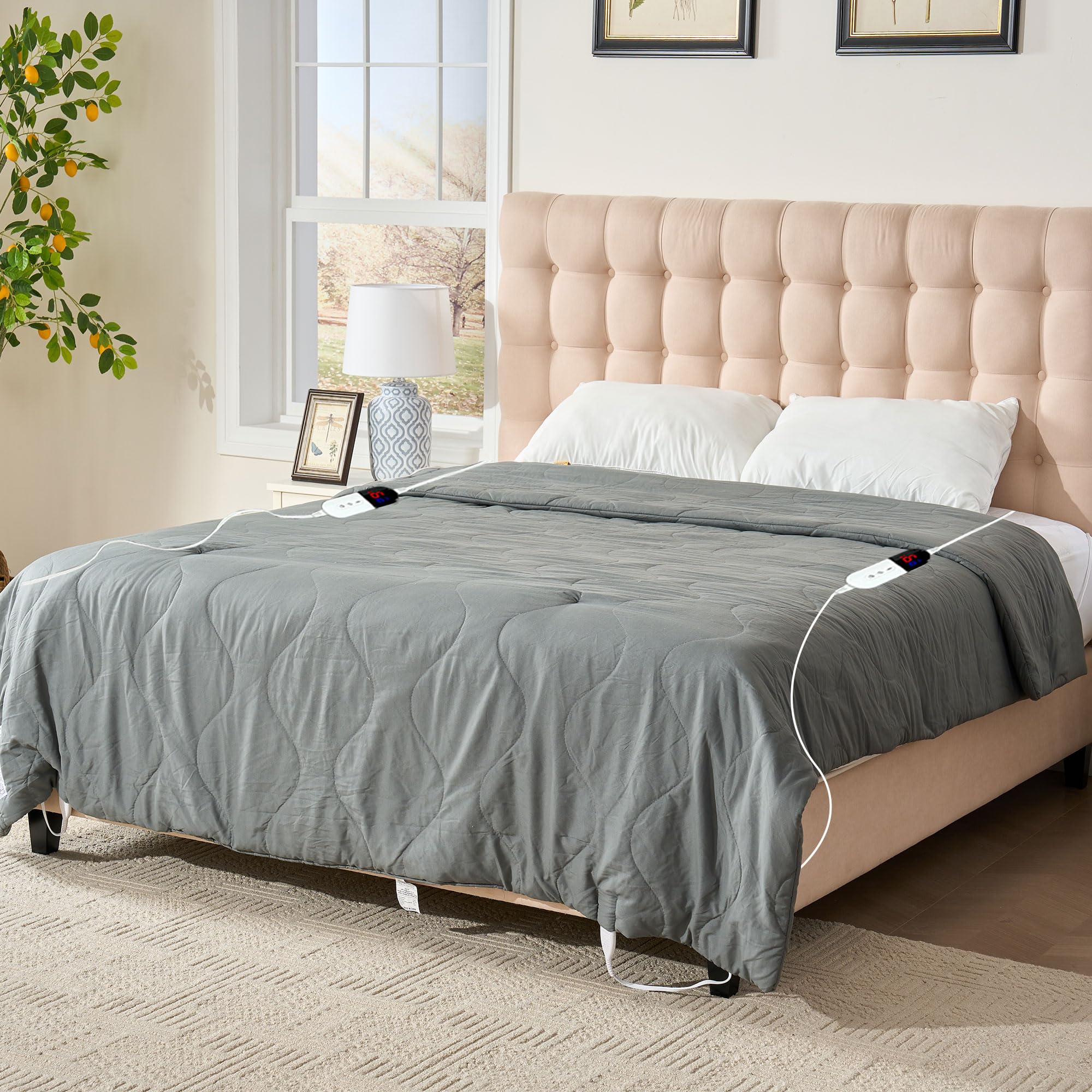 AEPINBH Electric Heated Blanket with Dual Controls, 10 Time Settings & 6 Heat Settings