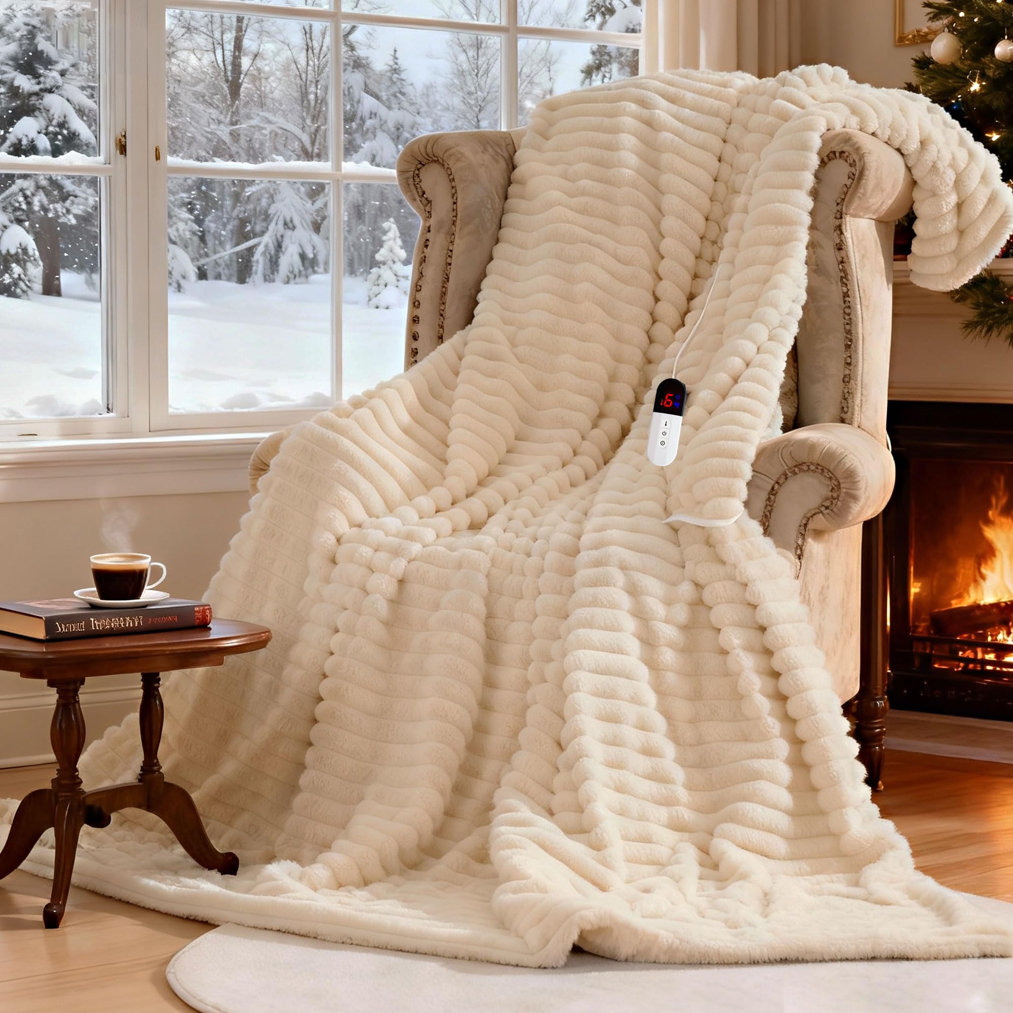 AEPINBH Stripe Faux Rabbit Fur Electric Heated Blanket - Cream - 50"X60"