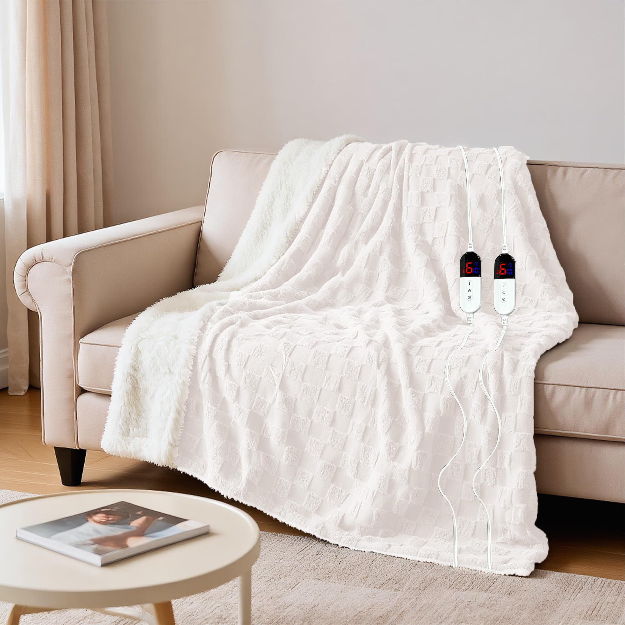 AEPINBH Soft Checked Flannel Electric Heated Blanket - White - 84"X90"