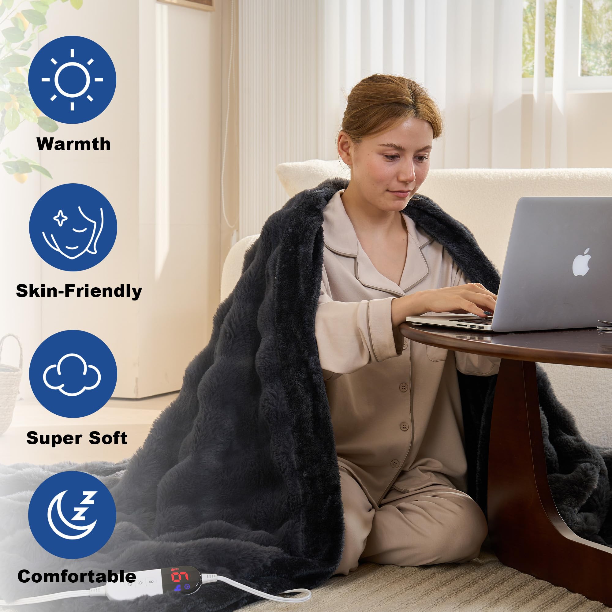 AEPINBH Soft Faux Rabbit Fur Bubble Electric Heated Blanket