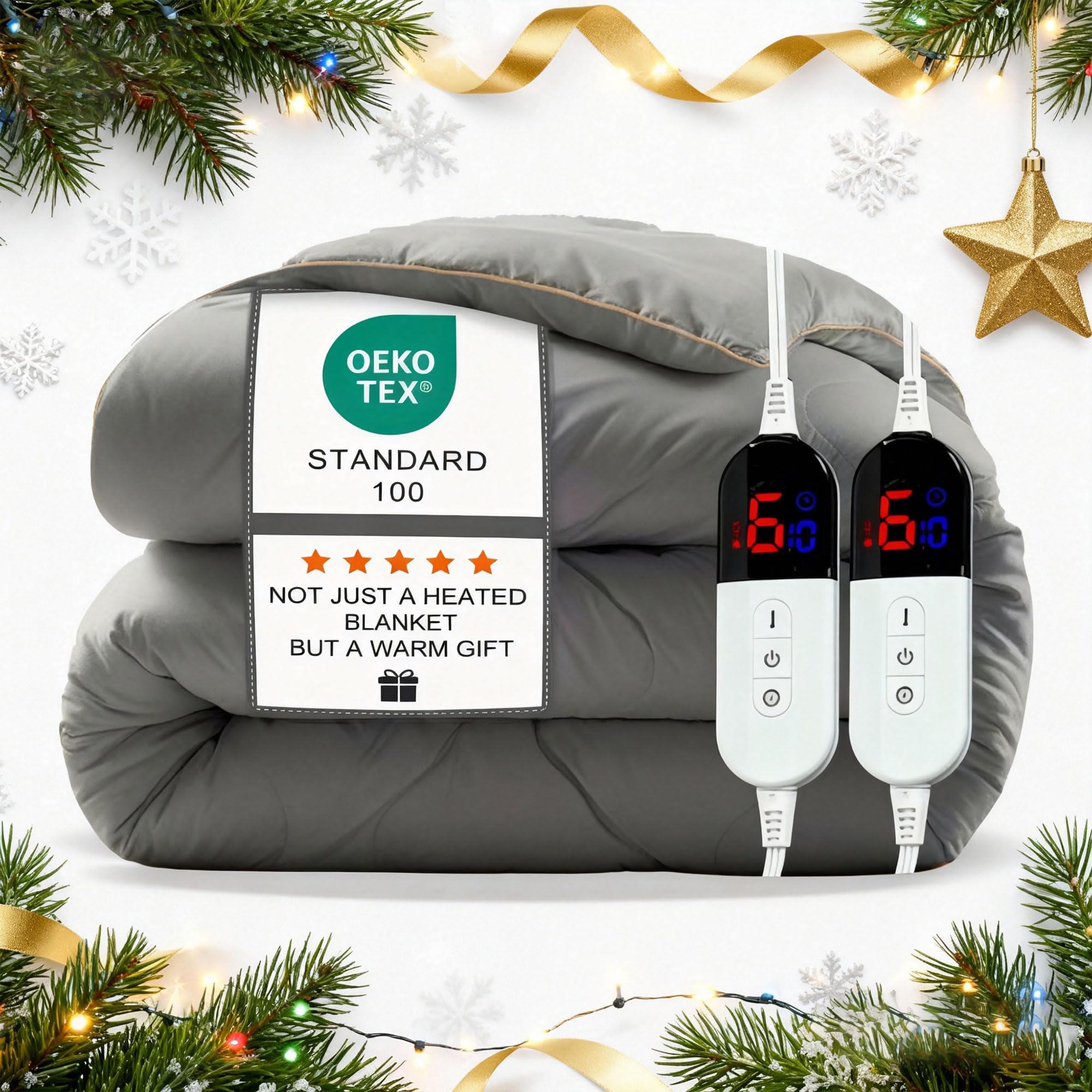 AEPINBH Electric Heated Blanket with Dual Controls, 10 Time Settings & 6 Heat Settings - Gray - King 90" x 104"
