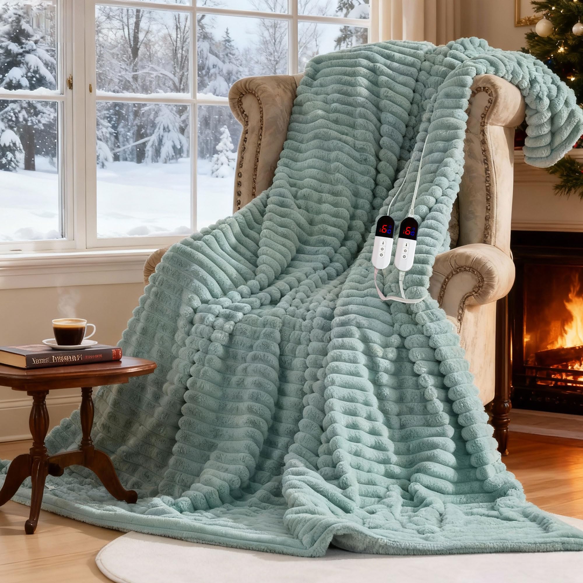 AEPINBH Stripe Faux Rabbit Fur Electric Heated Blanket - GREEN - 84"X90"