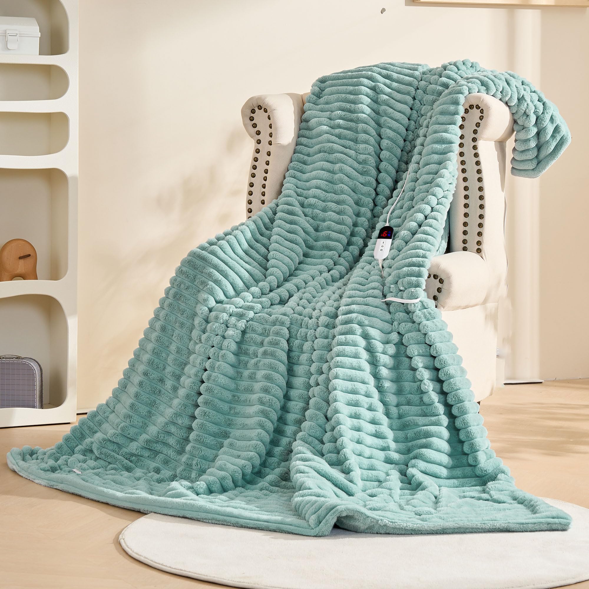AEPINBH Stripe Faux Rabbit Fur Electric Heated Blanket - GREEN - 50"X60"