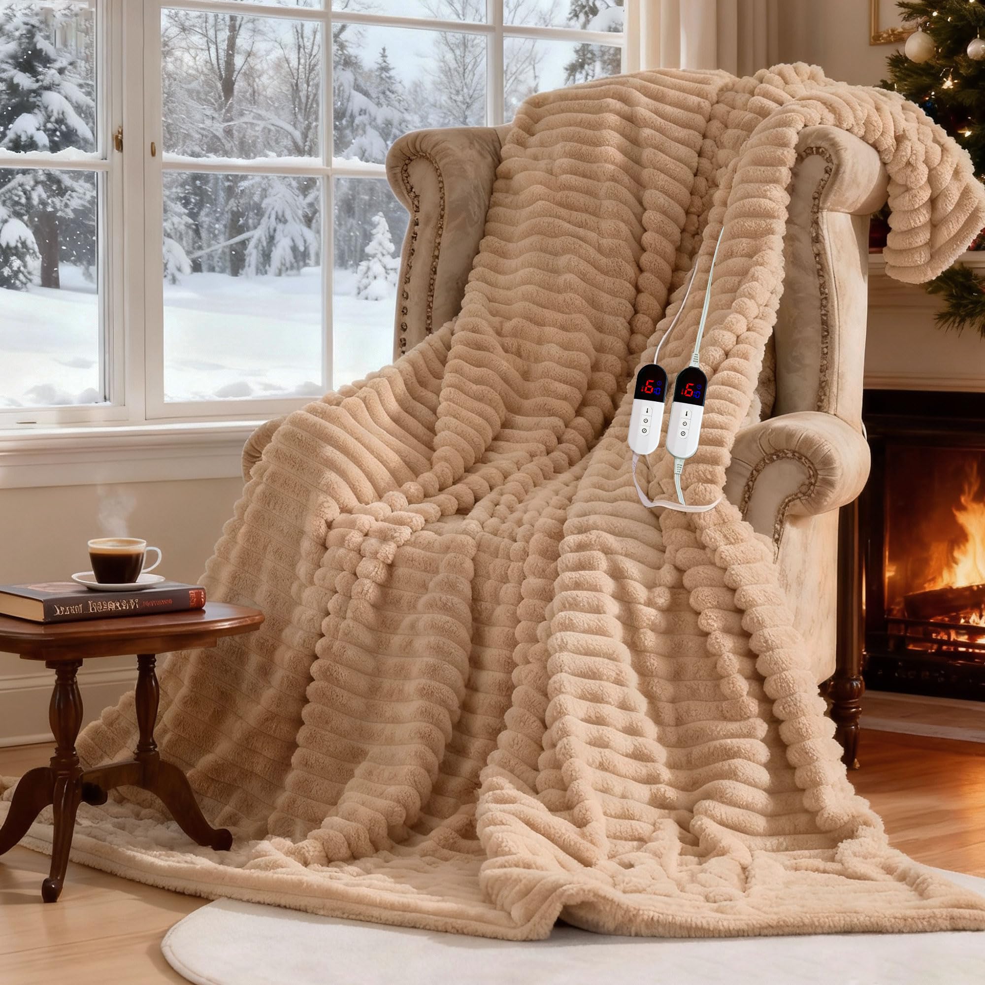 AEPINBH Stripe Faux Rabbit Fur Electric Heated Blanket - Khaki - 90"X100"
