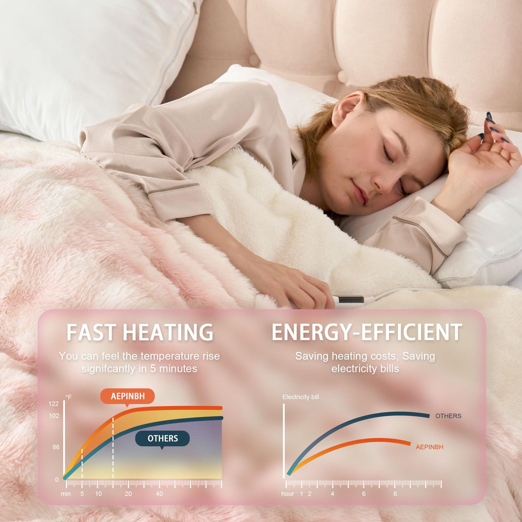 AEPINBH Soft Faux Rabbit Fur Bubble Electric Heated Blanket