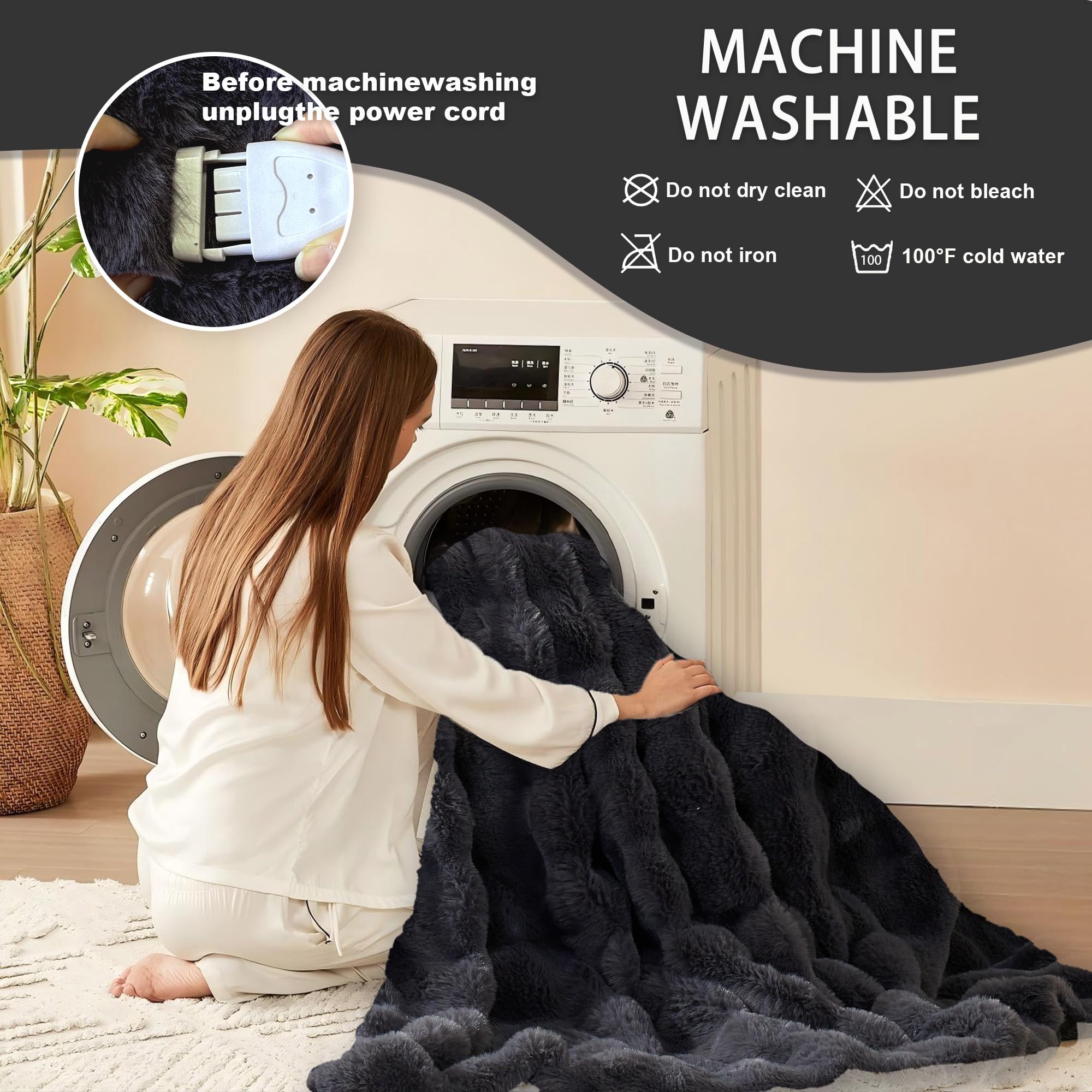 AEPINBH Soft Faux Rabbit Fur Bubble Electric Heated Blanket