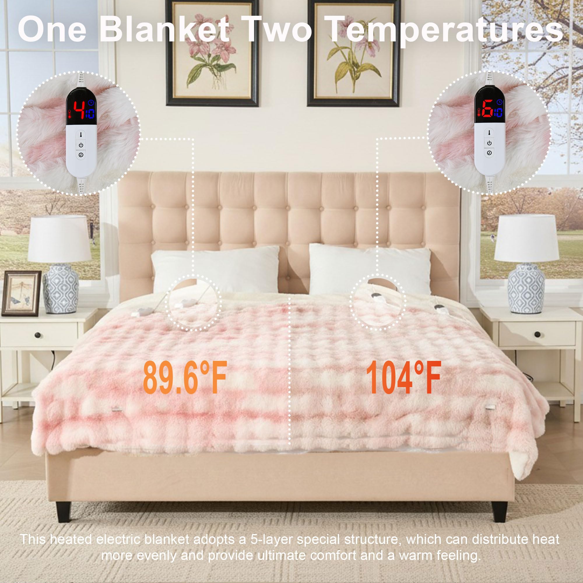 AEPINBH Soft Faux Rabbit Fur Bubble Electric Heated Blanket