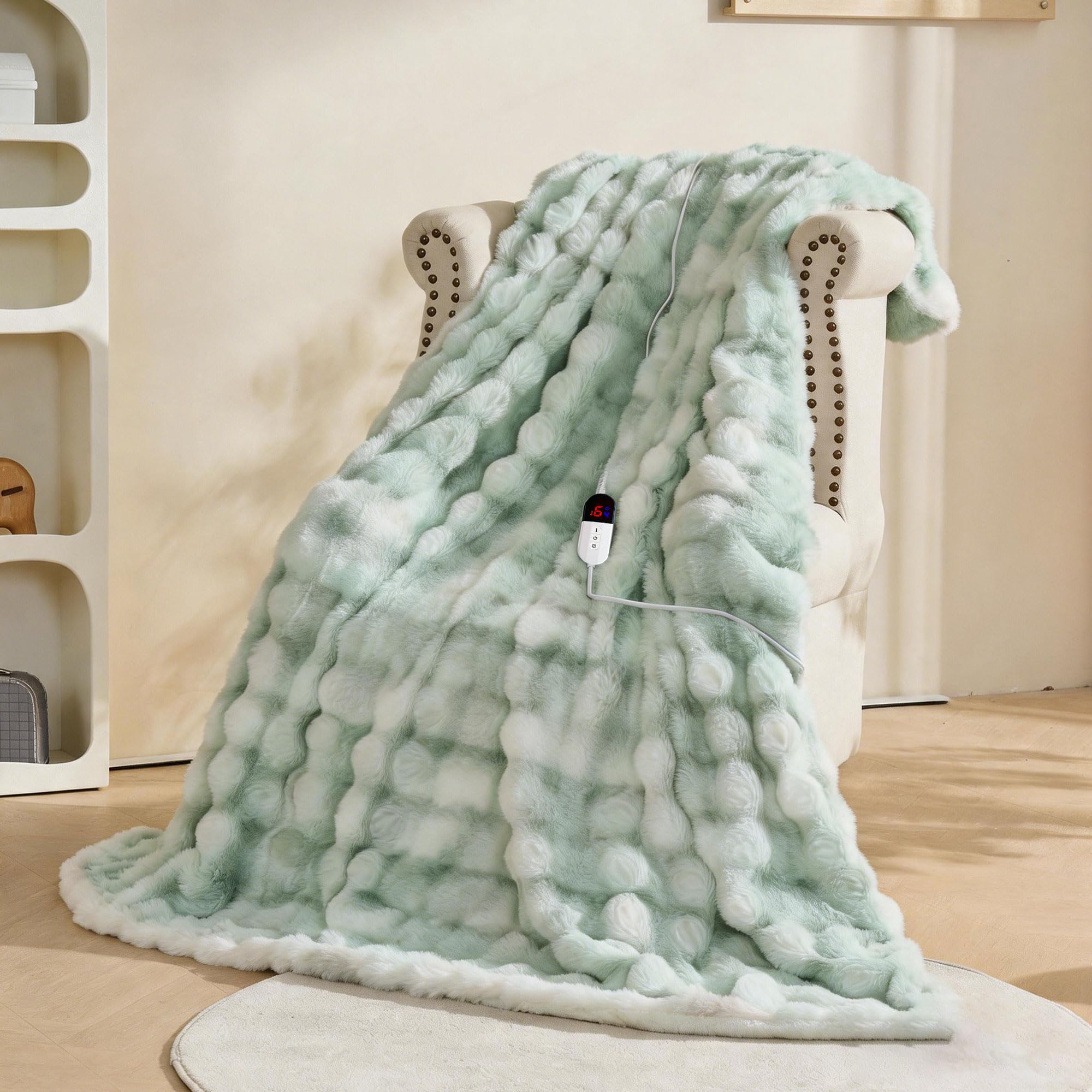 AEPINBH Soft Faux Rabbit Fur Bubble Electric Heated Blanket - Sage Green - 50"X60"