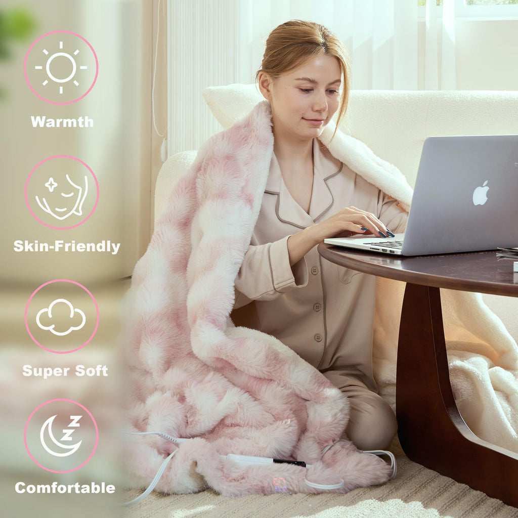 AEPINBH Soft Faux Rabbit Fur Bubble Electric Heated Blanket