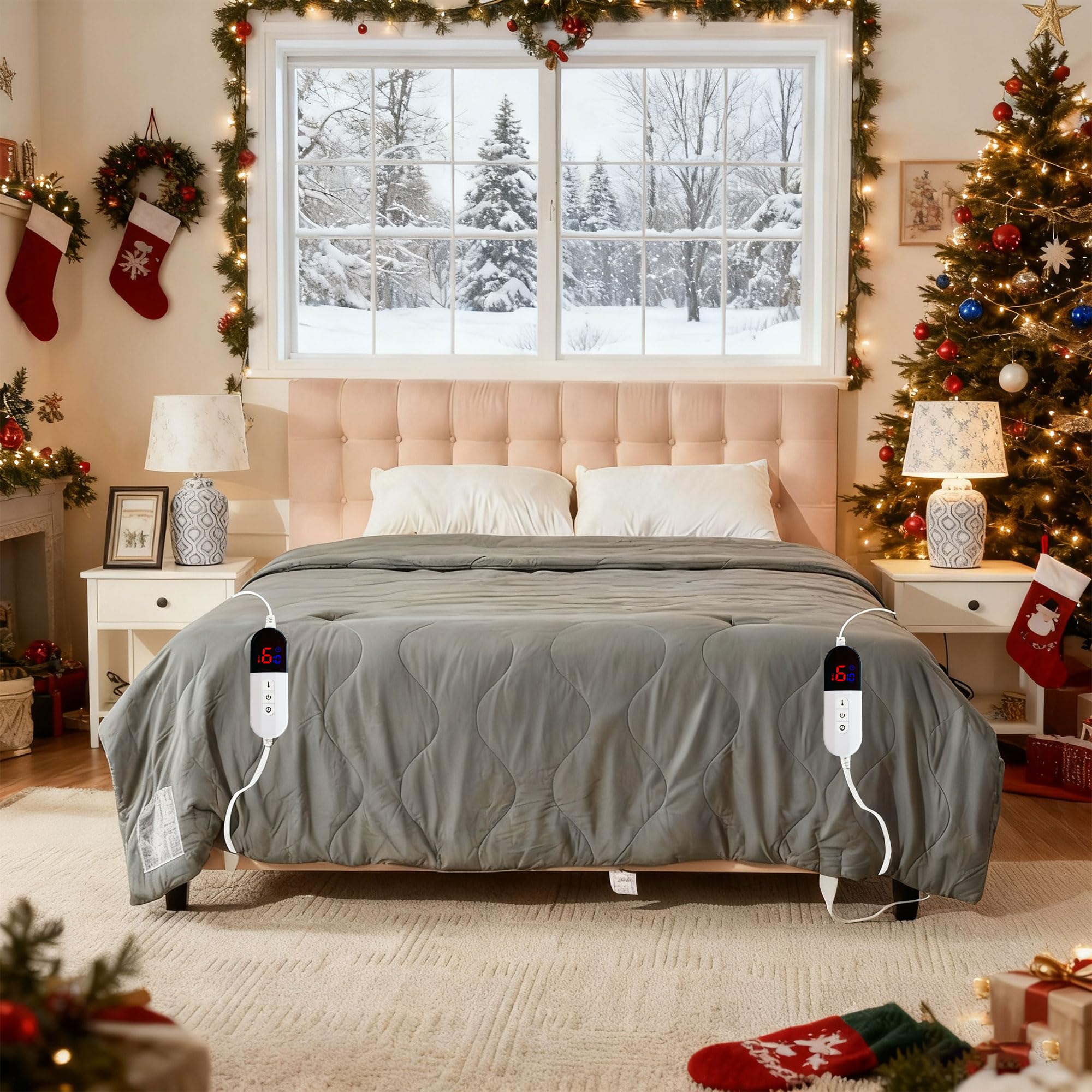 AEPINBH Electric Heated Blanket with Dual Controls, 10 Time Settings & 6 Heat Settings