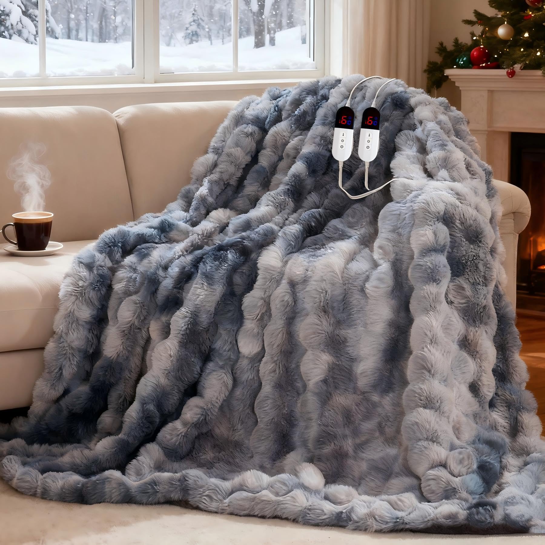 AEPINBH Soft Faux Rabbit Fur Bubble Electric Heated Blanket - BLACK GRAY - 84"X90"