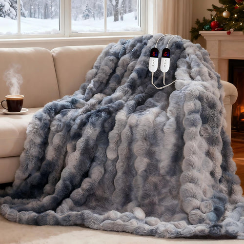 AEPINBH Soft Faux Rabbit Fur Bubble Electric Heated Blanket - BLACK GRAY - 84"X90"