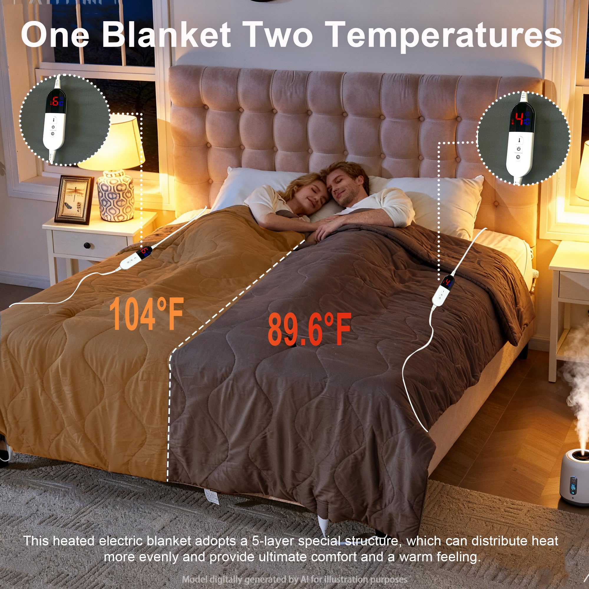 AEPINBH Electric Heated Blanket with Dual Controls, 10 Time Settings & 6 Heat Settings