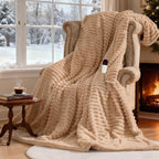 AEPINBH Stripe Faux Rabbit Fur Electric Heated Blanket - Khaki - 50"X60"