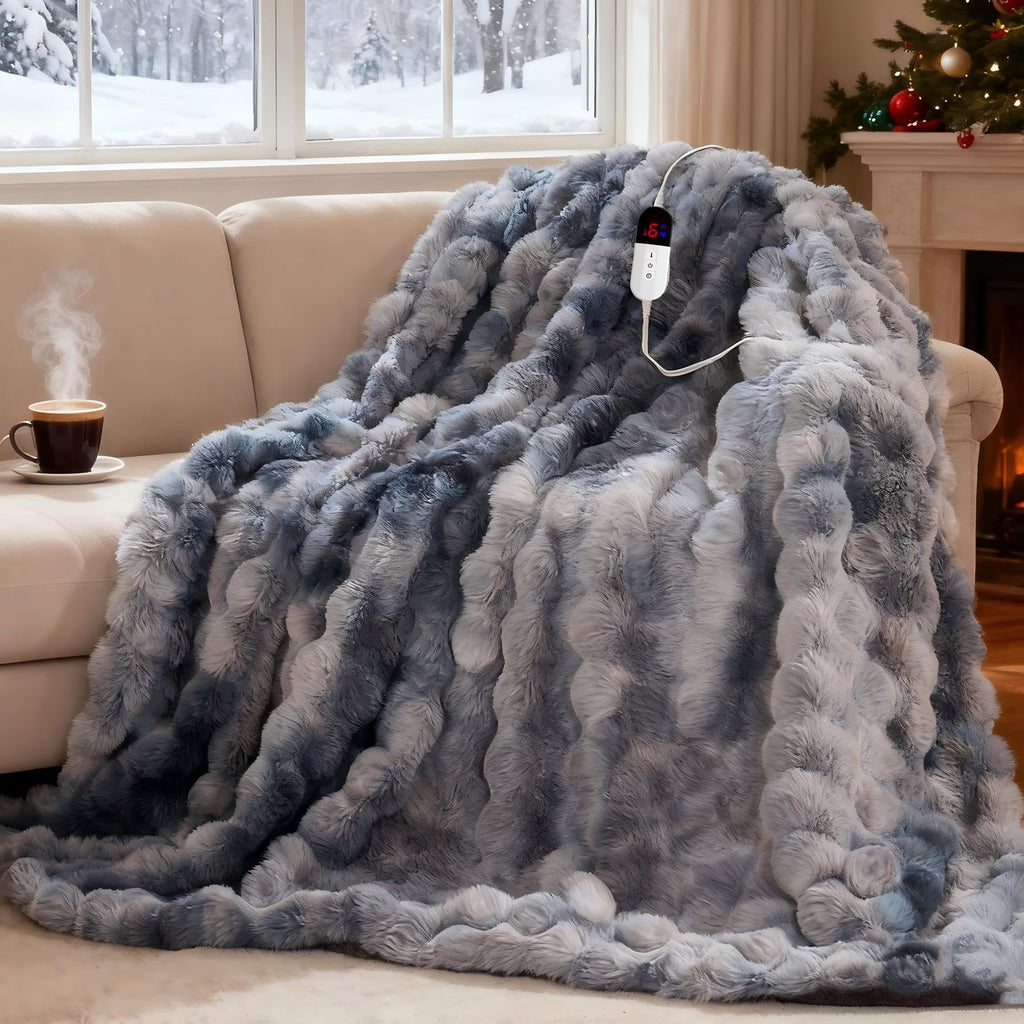 AEPINBH Soft Faux Rabbit Fur Bubble Electric Heated Blanket - BLACK GRAY - 50"X60"