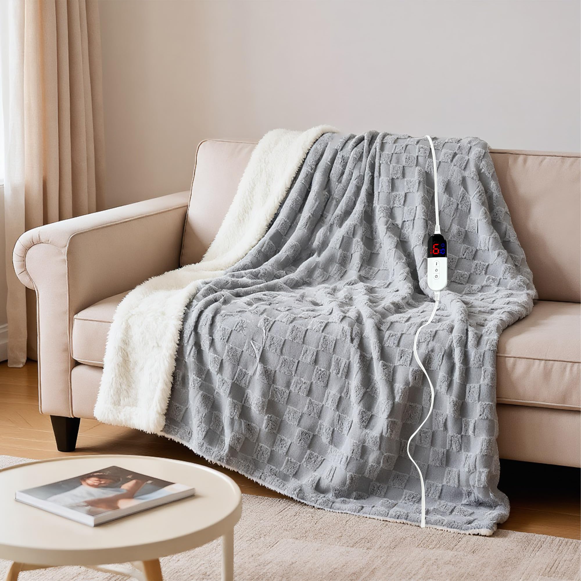 AEPINBH Soft Checked Flannel Electric Heated Blanket - Gray - 62"X84"
