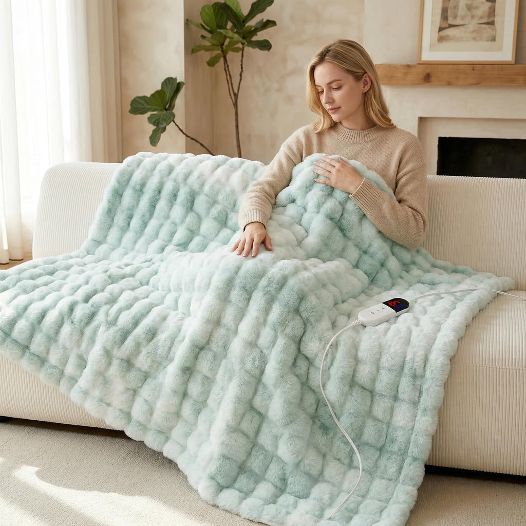 AEPINBH Soft Faux Rabbit Fur Bubble Electric Heated Blanket - Sage Green - 84"X90"