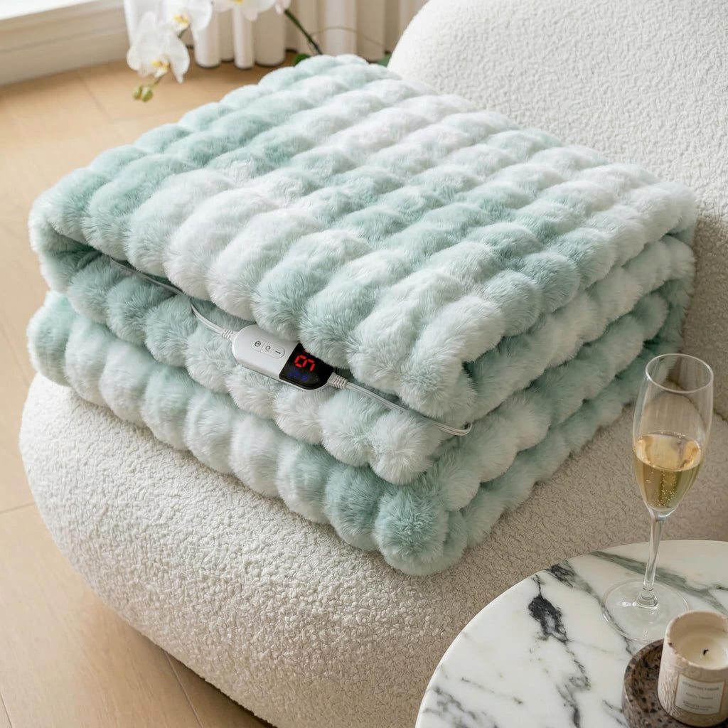AEPINBH Soft Faux Rabbit Fur Bubble Electric Heated Blanket - Sage Green - 90"X100"