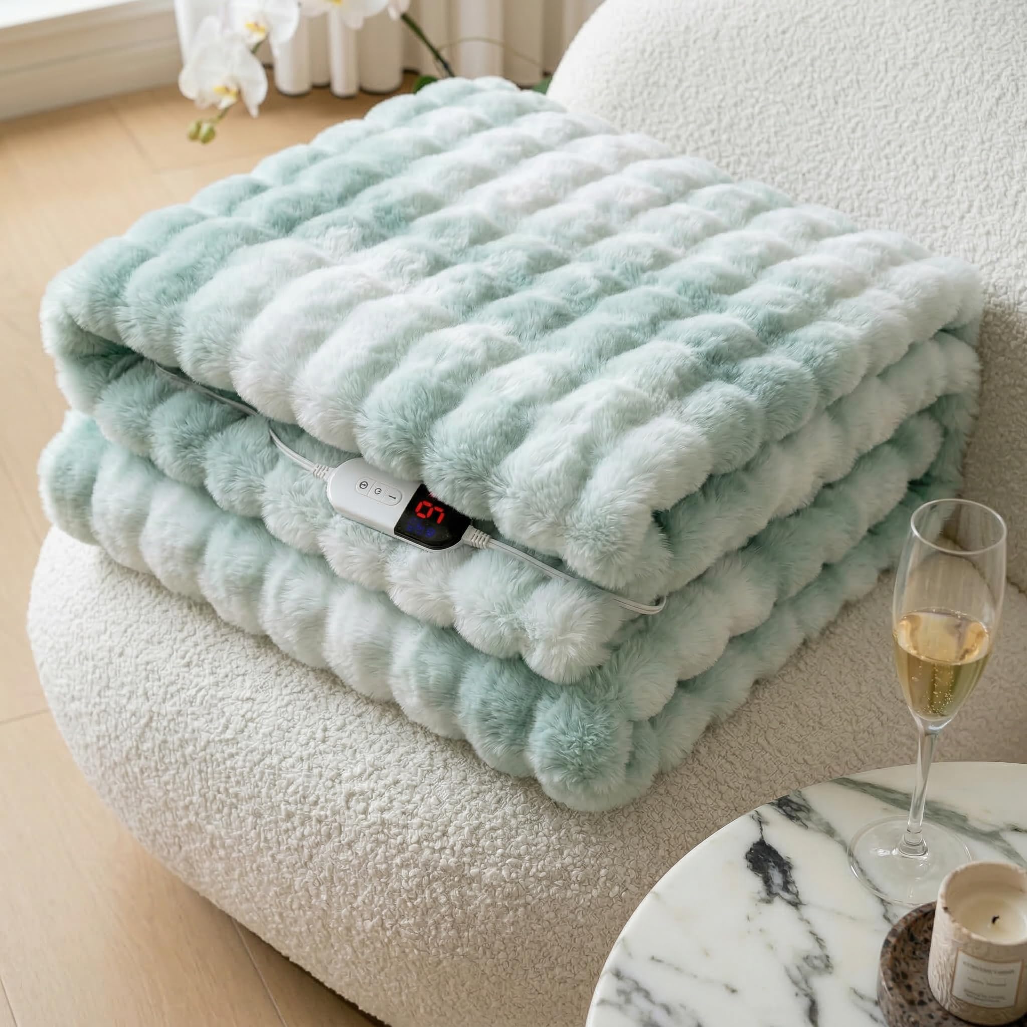AEPINBH Soft Faux Rabbit Fur Bubble Electric Heated Blanket - Sage Green - 90"X100"