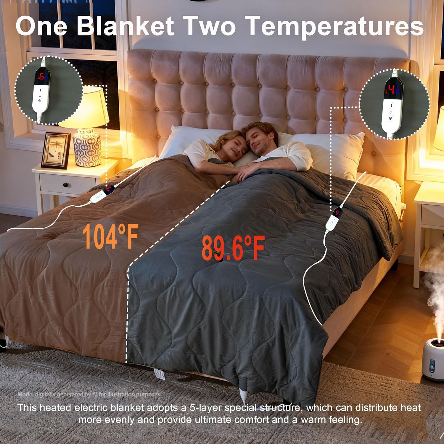 AEPINBH Electric Heated Blanket with Dual Controls, 10 Time Settings & 6 Heat Settings