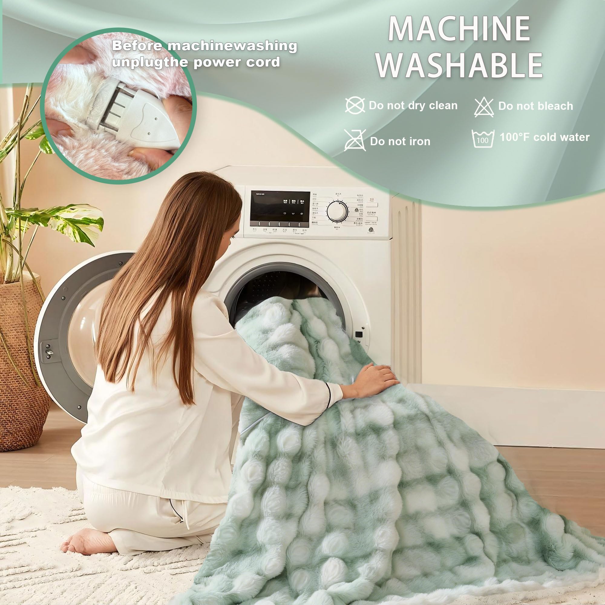 AEPINBH Soft Faux Rabbit Fur Bubble Electric Heated Blanket