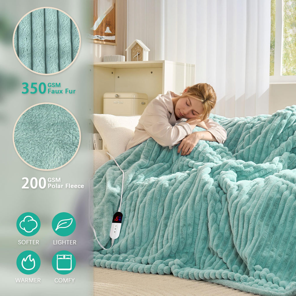 AEPINBH Stripe Faux Rabbit Fur Electric Heated Blanket