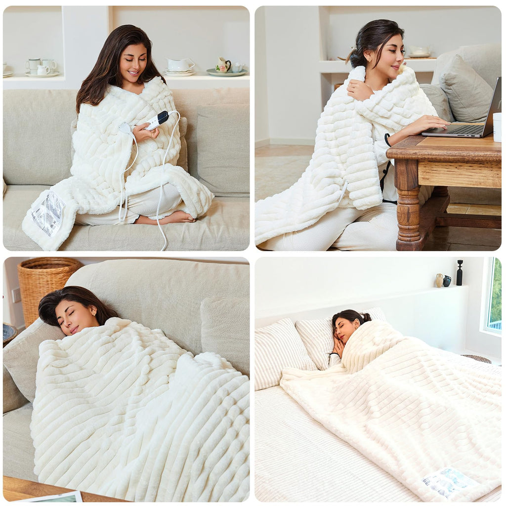 AEPINBH Stripe Faux Rabbit Fur Electric Heated Blanket