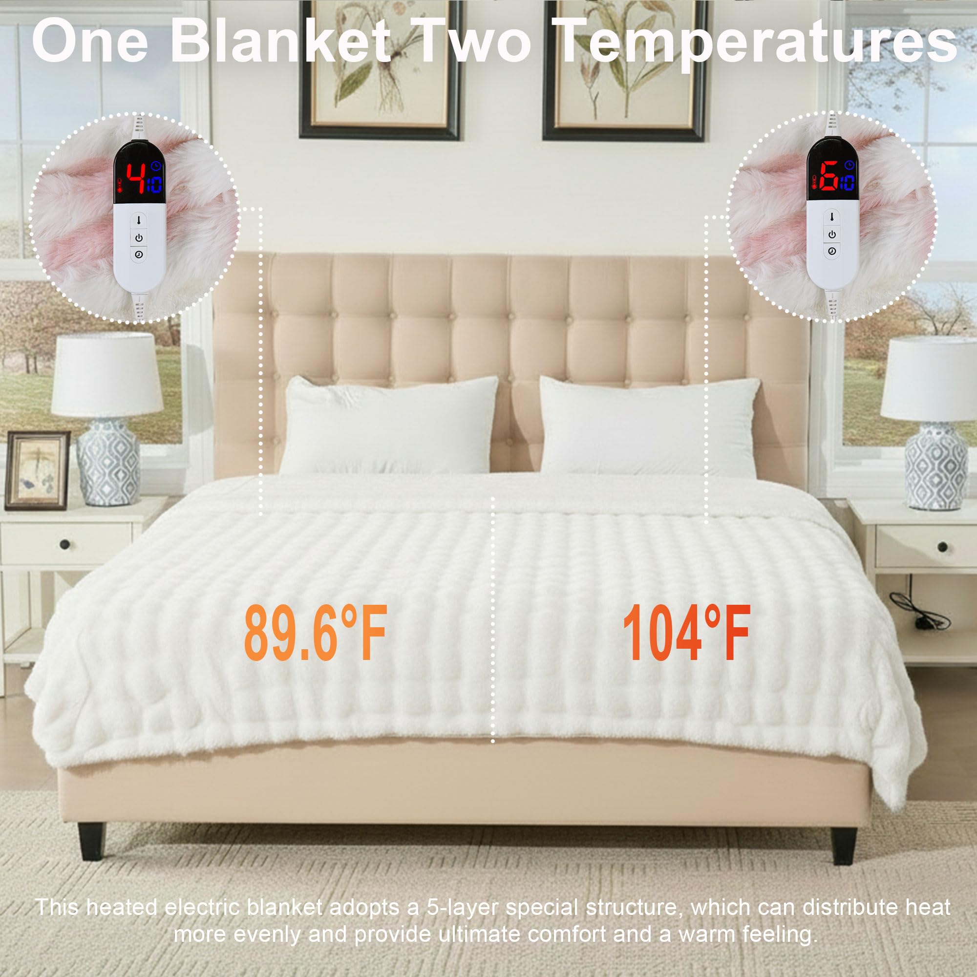 AEPINBH Soft Faux Rabbit Fur Bubble Electric Heated Blanket