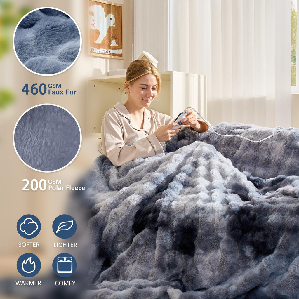 AEPINBH Soft Faux Rabbit Fur Bubble Electric Heated Blanket