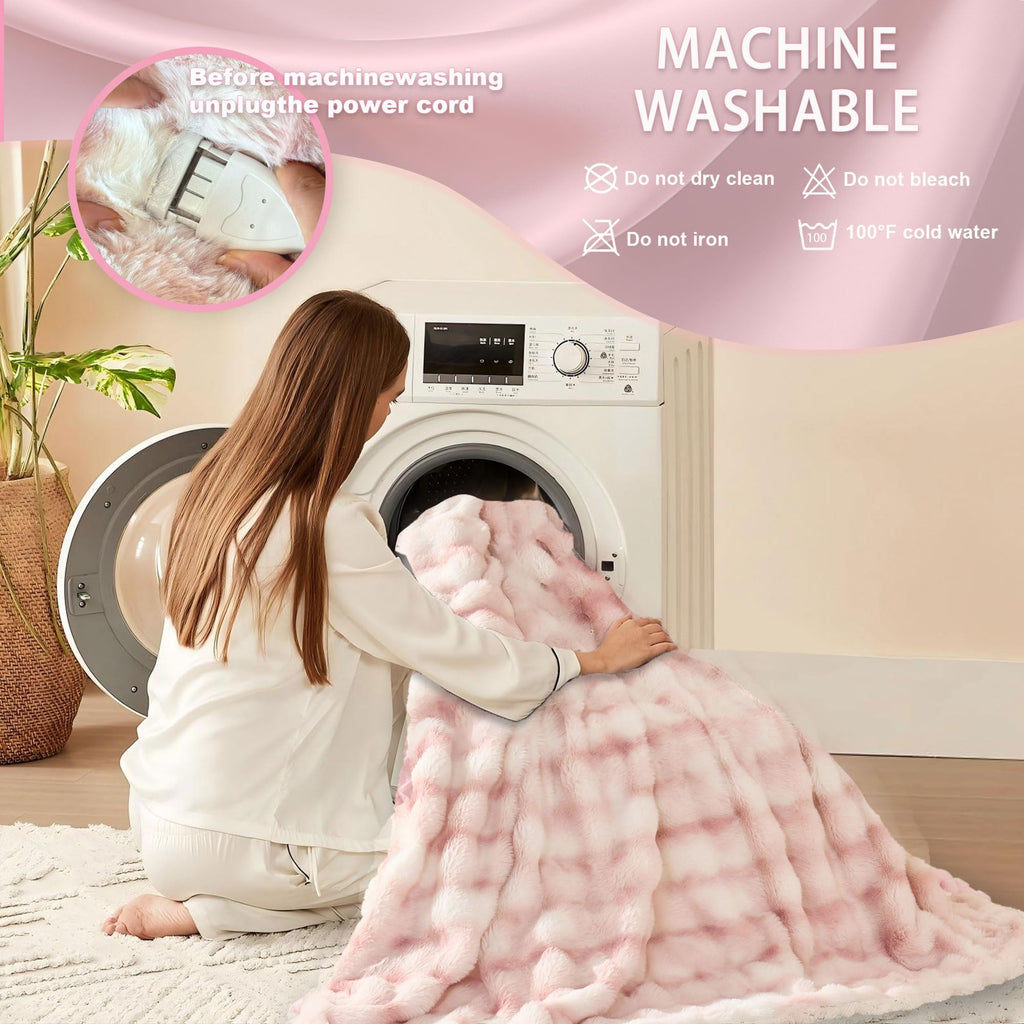 AEPINBH Soft Faux Rabbit Fur Bubble Electric Heated Blanket