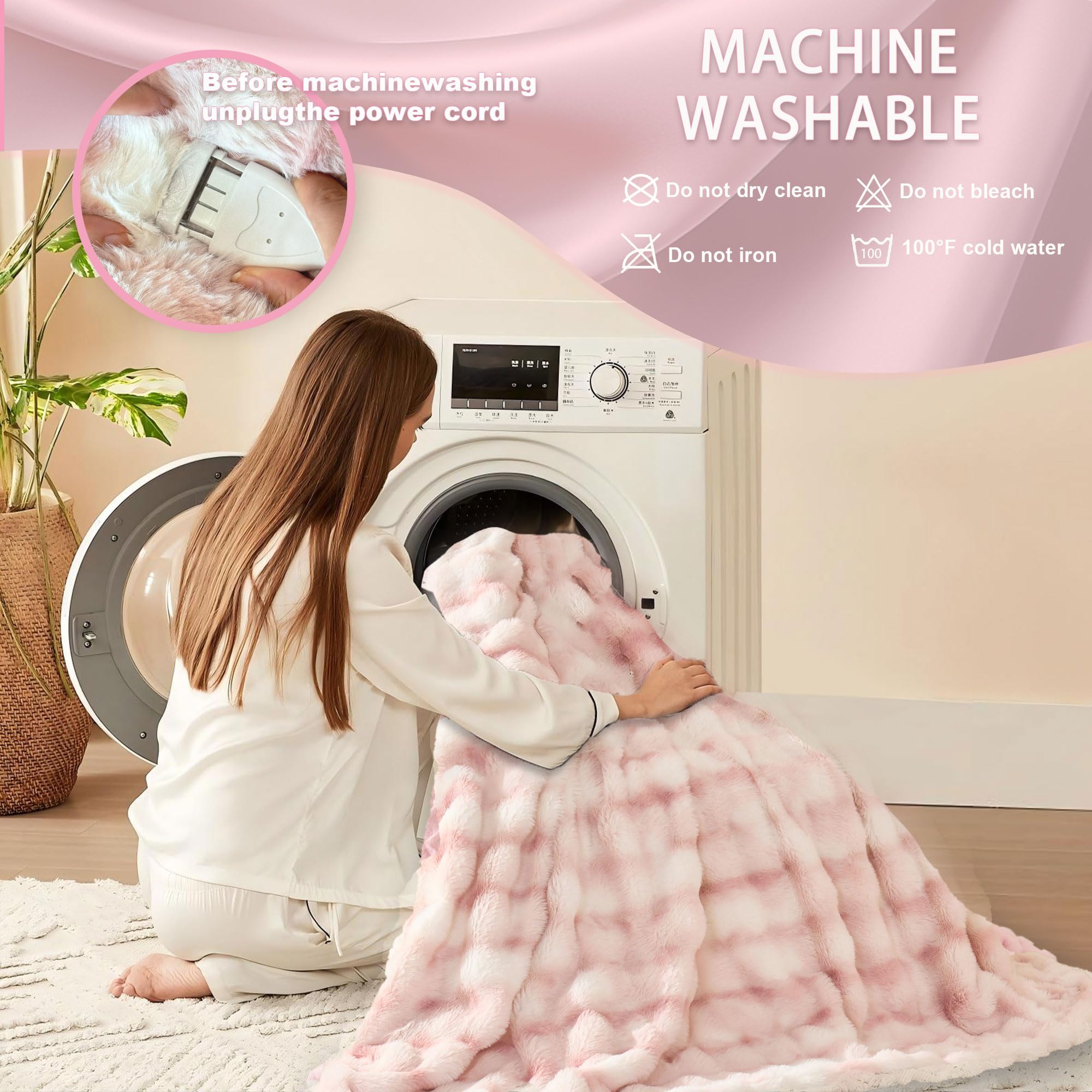 AEPINBH Soft Faux Rabbit Fur Bubble Electric Heated Blanket