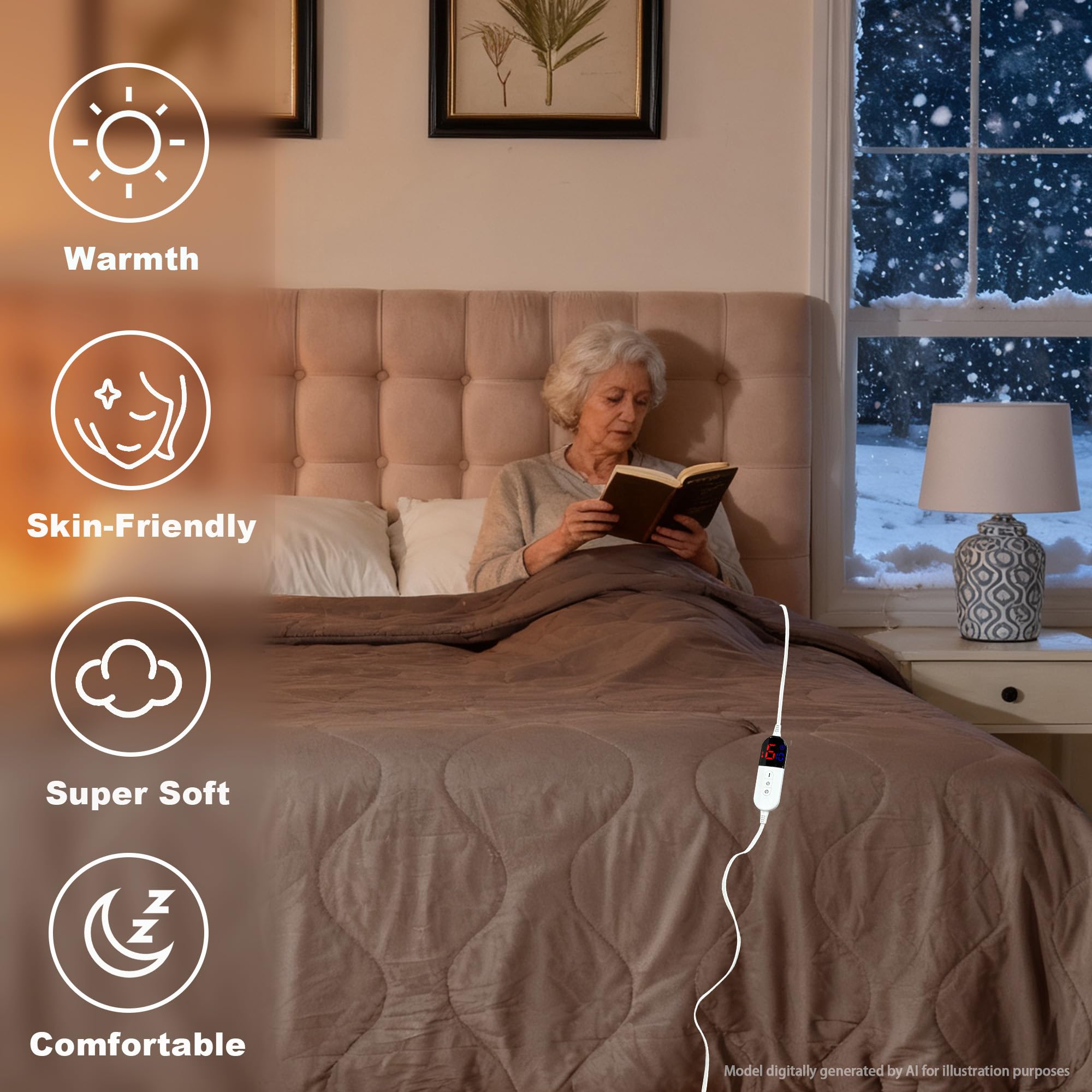 AEPINBH Electric Heated Blanket with Dual Controls, 10 Time Settings & 6 Heat Settings