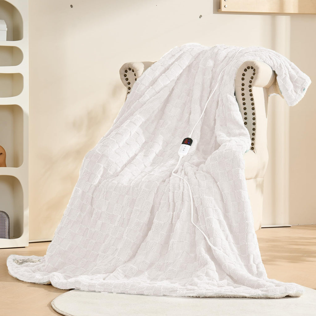 AEPINBH Soft Checked Flannel Electric Heated Blanket - White - 50"X60"