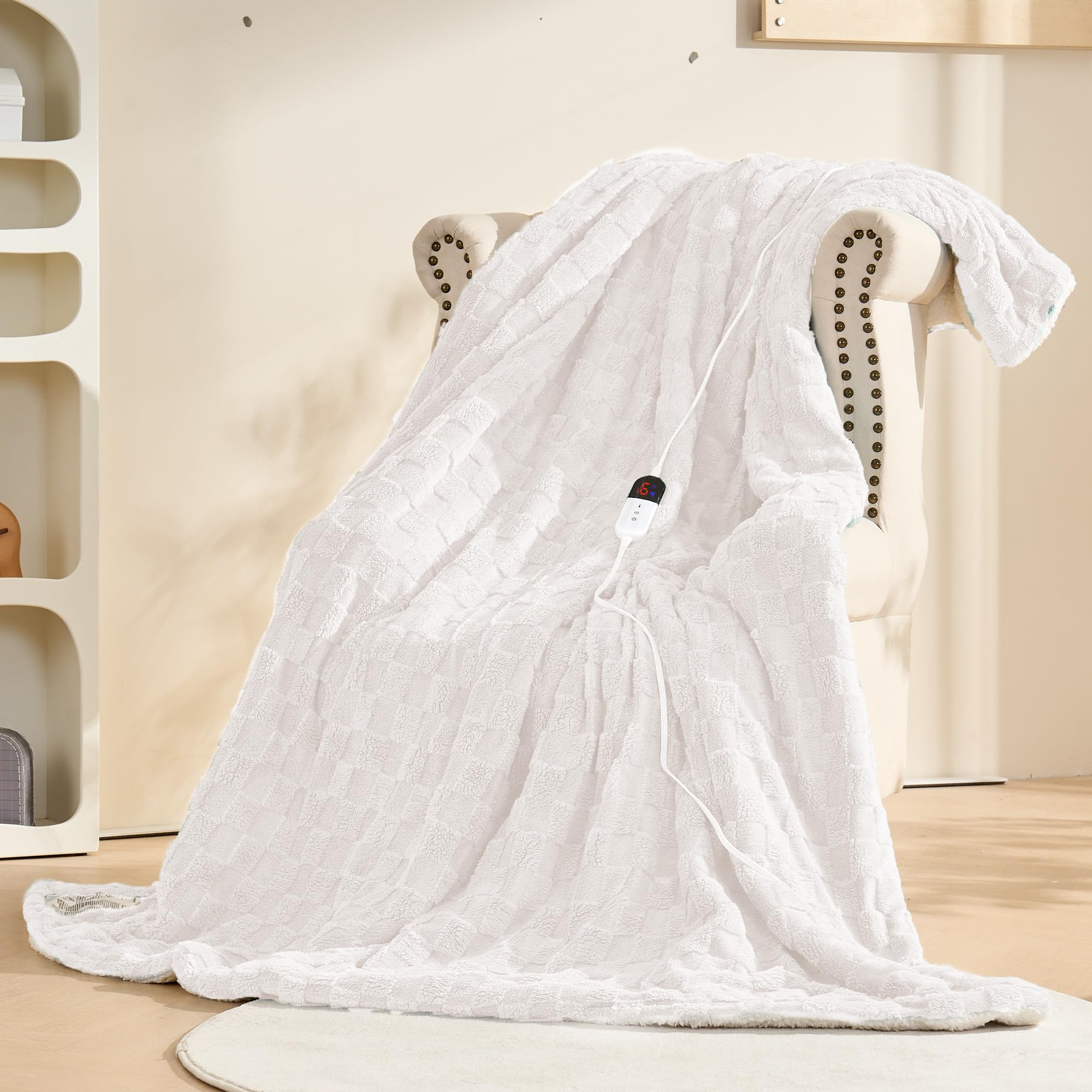 AEPINBH Soft Checked Flannel Electric Heated Blanket - White - 50"X60"